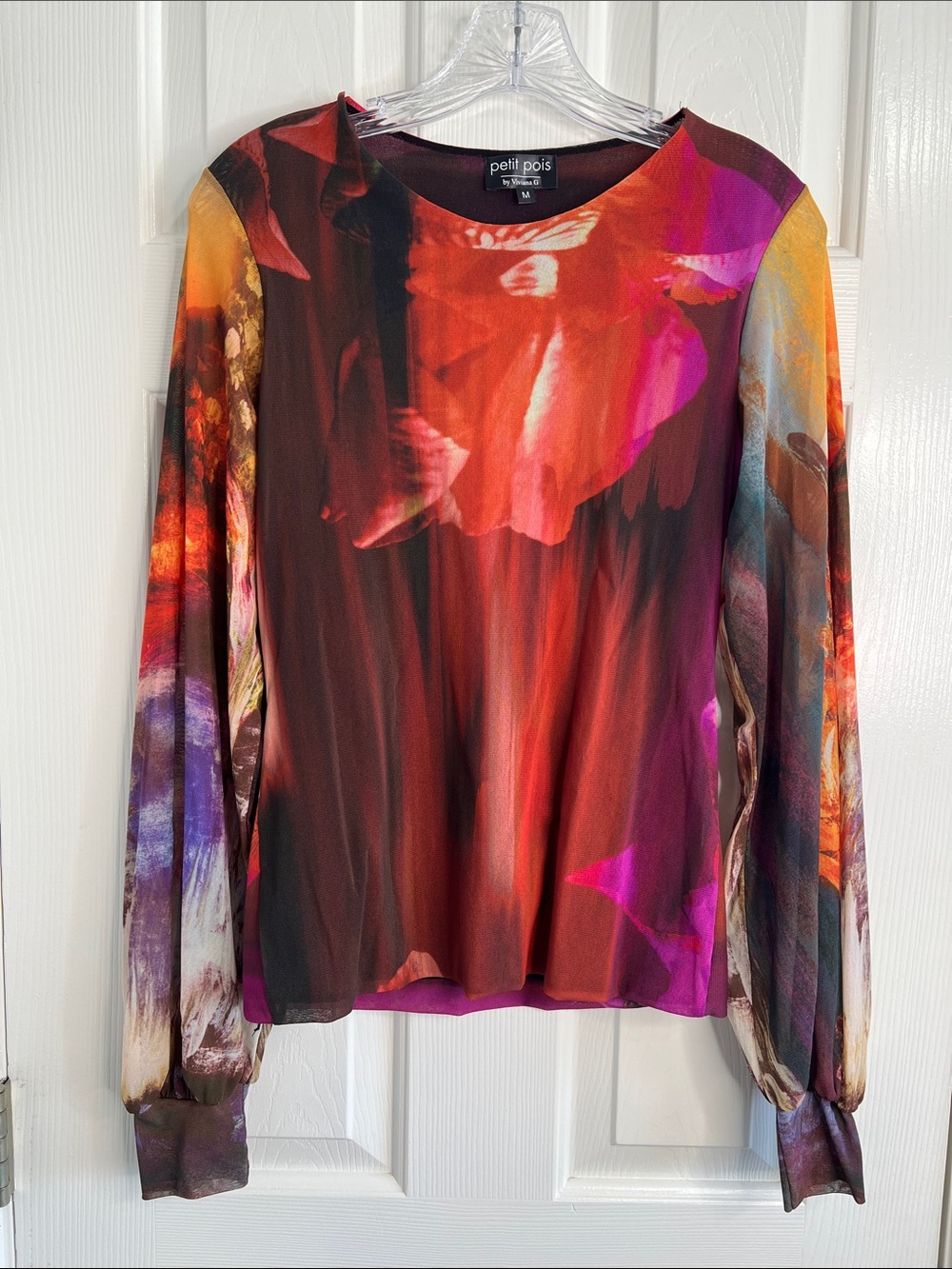 Petit Pois abstract floral colorful mesh long sleeve top medium